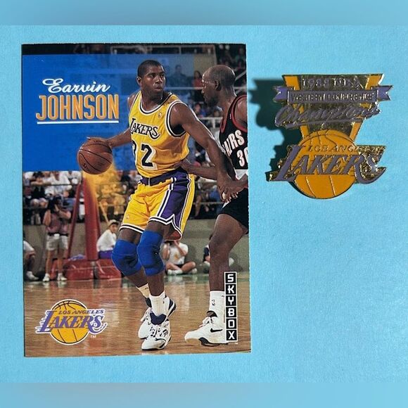 1988 LA Lakers NBA West Div. Champions pin & Magic Johnson 1993 Skybox Card #358 - Picture 1 of 3